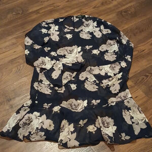 Theory Navy Blue Grey Roses Sheer Floral Silk Ruffle Midi Dress A30